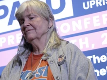 Pro-life activist Joan Andrews Bell listens during a news conference on the five fetuses found inside the home where she and other anti-abortion activists were living on Capitol Hill at a news conference at the Hyatt Regency on April 5, 2022, in Washington, D.C.
