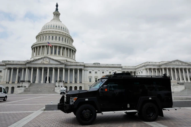 An armored police vehicle is positioned on the plaza between the U.S. Capitol and the Supreme Court after the court handed down its decision in Dobbs v Jackson Women's Health on June 24, 2022 in Washington, DC.