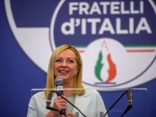 Giorgia Meloni, leader of the Fratelli d'Italia (Brothers of Italy), speaks at a press conference at the party electoral headquarters overnight on Sept. 26, 2022. in Rome. Italy’s national elections on Sept. 25 saw voters poised to elect Meloni, a Catholic mother, as the country's first female prime minister.