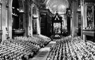 General view of the Council Fathers in St. Peter’s Basilica on Dec. 8, 1962, at the Vatican, at the end of the first session of the Second Ecumenical Council of the Vatican, or Vatican II. Credit: AFP via Getty Images