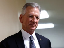 Sen. Tommy Tuberville, R-Alabama, speaks to reporters in the Senate Subway of the U.S. Capitol Building on July 19, 2023, in Washington, D.C.