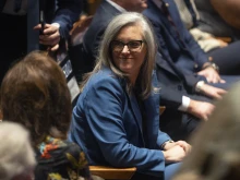 Arizona Gov. Katie Hobbs sits in the audience prior to President Joe Biden's remarks at the Tempe Center for the Arts on Sept 28, 2023, in Tempe, Arizona.