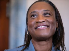 Senator-Delegate Laphonza Butler meets with Senate Majority Leader Chuck Schumer in his office on Capitol Hill on Oct. 3, 2023, in Washington, D.C. Butler was appointed by Gov. Gavin Newsom to the vacant Senate seat of California following the passing of Dianne Feinstein.