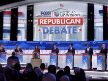 Republican presidential candidates (L-R), North Dakota Gov. Doug Burgum, former New Jersey Gov. Chris Christie, former U.N. Ambassador Nikki Haley, Florida Gov. Ron DeSantis, Vivek Ramaswamy, U.S. Sen. Tim Scott (R-South Carolina), and former U.S. Vice President Mike Pence participate in the Fox Business Republican Primary Debate at the Ronald Reagan Presidential Library on Sept. 27, 2023, in Simi Valley, California.