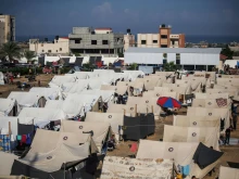 A general view of tents set up for Palestinians seeking refuge along the Gaza Strip on Oct. 20, 2023, in Khan Yunis, Gaza.