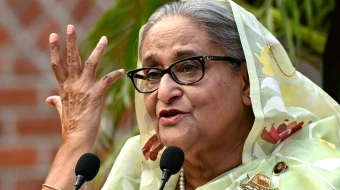 Bangladesh’s Prime Minister Sheikh Hasina gestures while speaking to the media a day after she won the 12th parliamentary elections in Dhaka on Jan. 8, 2024.