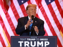 Republican presidential candidate former President Donald Trump speaks at an election night watch party at Mar-a-Lago on March 5, 2024, in Palm Beach, Florida.