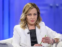 Italian Prime Minister Giorgia Meloni is seen on the set of the TV show “Porta a Porta” at Rai Studios, on April 4, 2024, in Rome, Italy.