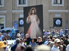 The Divine Mercy image is displayed at St. Peter's Square before Pope Francis Regina Caeli prayer on April 7, 2024.