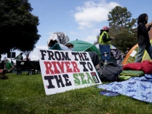 Pro-Palestinian demonstrators occupy an encampment on the campus of UCLA on April 25, 2024, in Los Angeles.