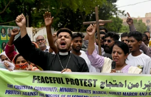 Pakistan minority rights campaigners protest the sentencing of a Christian man to death for sharing an allegedly blasphemous TikTok post in Karachi on July 2, 2024. Credit: RIZWAN TABASSUM/AFP via Getty Images