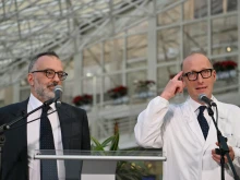 Dr. Sergio Alfieri (right) and Dr. Luigi Carbone give a press conference at Gemelli Hospital in Rome, where Pope Francis is hospitalized for tests and treatment for bronchitis, on Feb. 21, 2025. Alfieri said the pope asked him to say hat he has “the mind of a a 50-year-old man.”