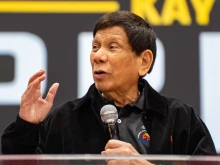 Former Philippines President Rodrigo Duterte gives a speech during a campaign rally at Southorn Stadium on March 9, 2025, in Hong Kong, China.