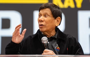 Former Philippines President Rodrigo Duterte gives a speech during a campaign rally at Southorn Stadium on March 9, 2025, in Hong Kong, China. Credit: Anthony Kwan/Getty Images