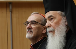 Latin Patriarch of Jerusalem Pierbattista Pizzaballa (left) and Greek Orthodox Patriarch of Jerusalem Theophilos III hold a joint press conference in Jerusalem on July 22, 2025. Credit: AHMAD GHARABLI/AFP via Getty Images