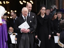 Britain’s King Charles III stands with Britain’s Princess Michael of Kent (left); Britain’s Prince Michael of Kent (second left); Britain’s Lord Frederick Windsor; Britain’s Prince William, Prince of Wales; Britain’s Catherine, Princess of Wales; Britain’s Sophie, Duchess of Edinburgh; and Britain’s Princess Anne, Princess Royal, following a Requiem Mass for the late Katharine, Duchess of Kent, at Westminster Cathedral in London on Sept. 16, 2025.