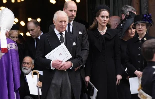 Britain’s King Charles III stands with Britain’s Princess Michael of Kent (left); Britain’s Prince Michael of Kent (second left); Britain’s Lord Frederick Windsor; Britain’s Prince William, Prince of Wales; Britain’s Catherine, Princess of Wales; Britain’s Sophie, Duchess of Edinburgh; and Britain’s Princess Anne, Princess Royal, following a Requiem Mass for the late Katharine, Duchess of Kent, at Westminster Cathedral in London on Sept. 16, 2025. Credit: JORDAN PETTITT/POOL/AFP via Getty Images