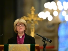 Britain’s new archbishop of Canterbury-designate, Sarah Mullally, speaks at Canterbury Cathedral in southeast England following the announcement of her posting on Friday, Oct. 3, 2025.