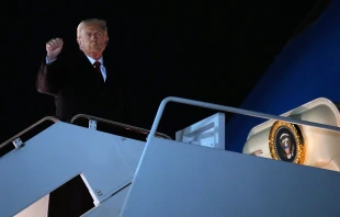 U.S. President Donald Trump boards Air Force One on Oct. 24, 2025, at Joint Base Andrews, Maryland. Trump is traveling to Malaysia for the Association of Southeast Asian Nations summit (ASEAN), Japan, and to South Korea for the Asia-Pacific Economic Cooperation forum (APEC). Credit: Andrew Harnik/Getty Images