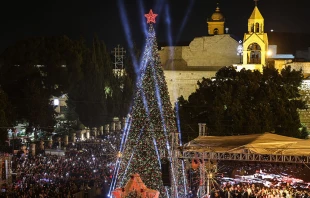 Spectators gather in Nativity Square during a Christmas tree lighting ceremony in Bethlehem on Dec. 6, 2025. Credit:  HAZEM BADER/AFP via Getty Images