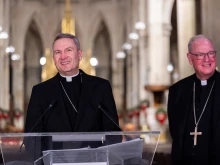 New York Archbishop-elect Ronald Hicks and Cardinal Timothy Dolan hold a press conference at St. Patrick’s Cathedral on Dec. 18, 2025, in New York City.