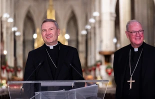 New York Archbishop-elect Ronald Hicks and Cardinal Timothy Dolan hold a press conference at St. Patrick’s Cathedral on Dec. 18, 2025, in New York City. Credit: Adam Gray/Getty Images