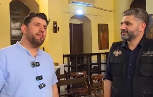 Syrian Minister of Culture Mohammed Saleh with Islamic chanter Al-Mu’tasim Billah Al-Assali inside St. Ananias Orthodix Church in Damascus, Syria. Billah Al-Assali performed an Islamic hymn with lyrics that directly contradict Christian beliefs. Credit: Screenshot from Muhammad Moaz Zakaria’s Facebook page