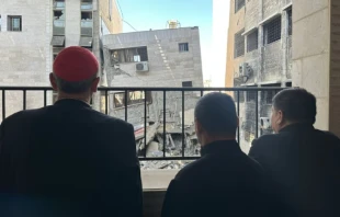 Latin Patriarch Cardinal Pierbattista Pizzaballa looks out at some of the destruction in Gaza. Credit: Photo courtesy of the Latin Patriarchate of Jerusalem