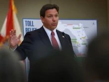 Florida Gov. Ron DeSantis speaks about a toll highway relief program during a press conference held at the Greater Miami Expressway Agency on April 1, 2024, in Miami.