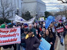 Pro-life marchers carry a banner reading “Every baby is somebody’s grandchild” at the March for Life in Washington, D.C., on Jan. 20, 2023.