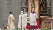 Pope Leo XIV honors Our Lady of Guadalupe during the Mass on her feast day, Dec. 12, 2025, in St. Peter’s Basilica at the Vatican.