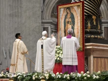 Pope Leo XIV honors Our Lady of Guadalupe during the Mass on her feast day, Dec. 12, 2025, in St. Peter’s Basilica at the Vatican.