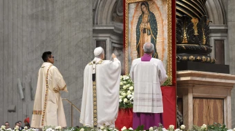 Pope Leo XIV honors Our Lady of Guadalupe during the Mass on her feast day, Dec. 12, 2025, in St. Peter’s Basilica at the Vatican.