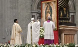 Pope Leo XIV honors Our Lady of Guadalupe during the Mass on her feast day, Dec. 12, 2025, in St. Peter’s Basilica at the Vatican.
