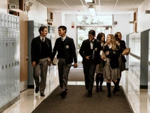 A group of students at Chesterton Academy of the Holy Family in Lisle, Illinois, in 2024. The Chesterton School Network is a network of “joyfully Catholic classical high schools where students grow in faith, virtue, and friendship.”