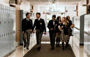 A group of students at Chesterton Academy of the Holy Family in Lisle, Illinois, in 2024. The Chesterton School Network is a network of “joyfully Catholic classical high schools where students grow in faith, virtue, and friendship.” Credit: Photo courtesy of Chesterton Academy of the Holy Family, Lisle, Illinois