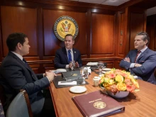 U.S. Secretary of War Pete Hegseth (at right) is shown here during a meeting with U.S. Secretary of State Marco Rubio (at left) and then National Security Advisor Mike Waltz (at center).
