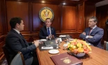 U.S. Secretary of War Pete Hegseth (at right) is shown here during a meeting with U.S. Secretary of State Marco Rubio (at left) and then National Security Advisor Mike Waltz (at center).