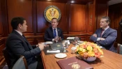 U.S. Secretary of War Pete Hegseth (at right) is shown here during a meeting with U.S. Secretary of State Marco Rubio (at left) and then National Security Advisor Mike Waltz (at center).