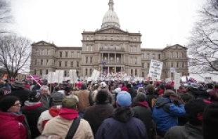Union members rally Dec. 11, 2012 at the Michigan State Capitol to protest a vote on Right-to-Work legislation.   Bill Pugliano/Getty Images News/Getty Images