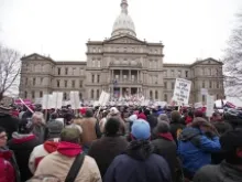Union members rally Dec. 11, 2012 at the Michigan State Capitol to protest a vote on Right-to-Work legislation. 