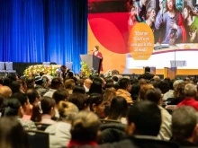Sandra Miley emcees the Hispanic Eucharistic Convention on April 27, 2024, at the Gaylord of the Rockies Convention Center in Denver.