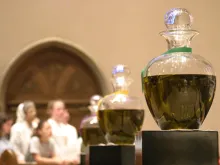 Oils on display at Chrism Mass before being blessed. 