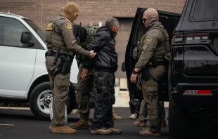A person detained is taken to a parking lot on the far north side of the city before being transferred to an Immigration and Customs Enforcement facility in Chicago on Oct. 31, 2025. Credit: Jamie Kelter Davis/Getty Images