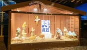 A Nativity display with anti-ICE messaging outside St. Susanna Church in Dedham, Massachusetts.