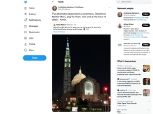 Twitter post by Archbishop Salvatore J. Cordileone of San Francisco on Jan. 20, 2022, reacting to an activist group's projection of pro-choice messages on the facade of the Basilica of the National Shrine of the Immaculate Conception in Washington, D.C.