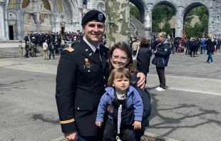 Army Captain Adam Fisk, Morgan Fisk, and their son Julian on the Warriors to Loudres trip, 2019. Image courtesy of Knights of Columbus.