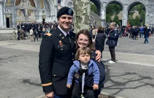 Army Captain Adam Fisk, Morgan Fisk, and their son Julian on the Warriors to Loudres trip, 2019. Image courtesy of Knights of Columbus. 