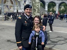 Army Captain Adam Fisk, Morgan Fisk, and their son Julian on the Warriors to Loudres trip, 2019. Image courtesy of Knights of Columbus.