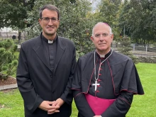 Bishop-elect Raimo Ramón Goyarrola Belda of Helsinki, left, and Archbishop Julio Murat, apostolic nuncio to the Nordic countries.